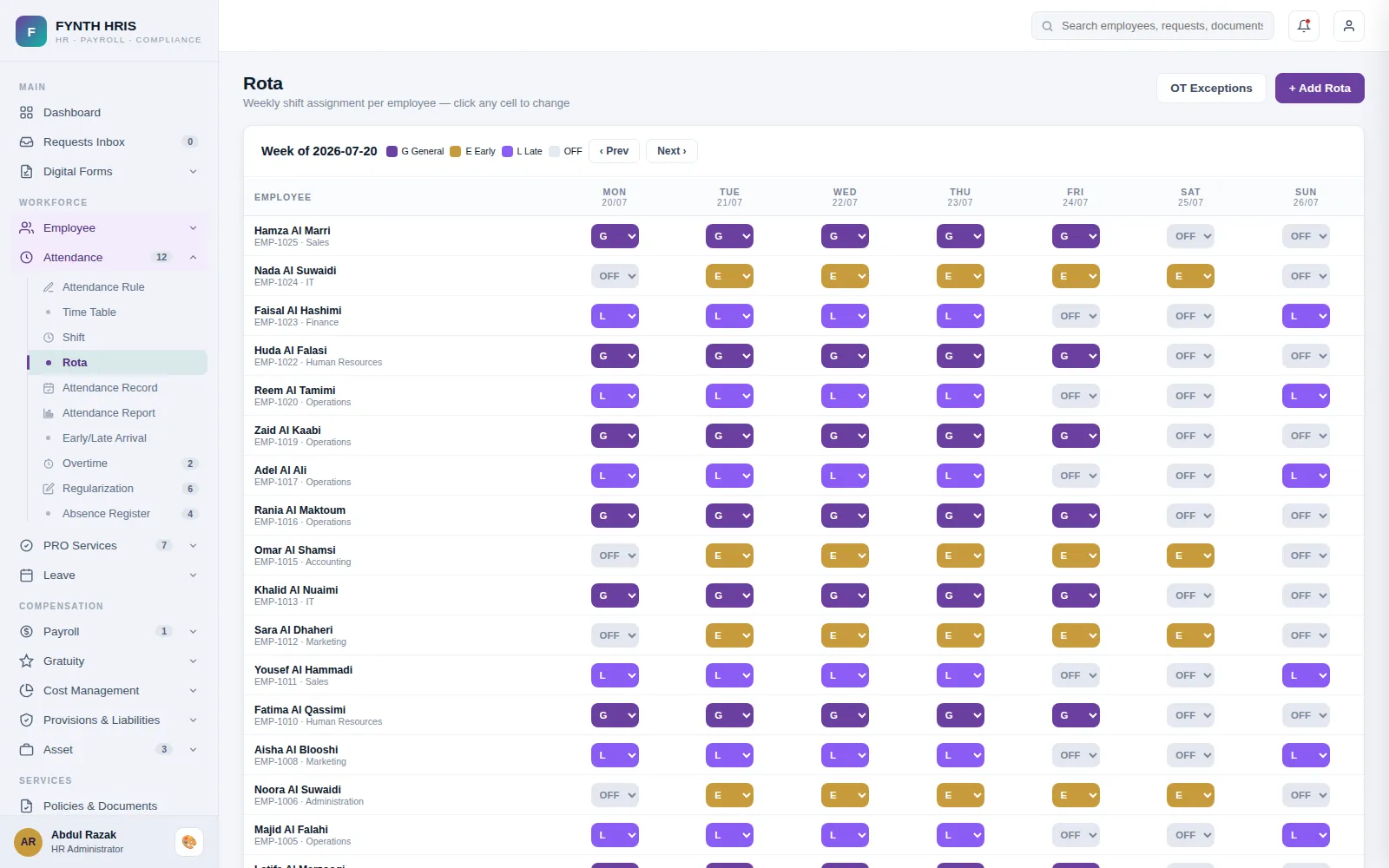 FYNTH HRIS Attendance & Shifts screen