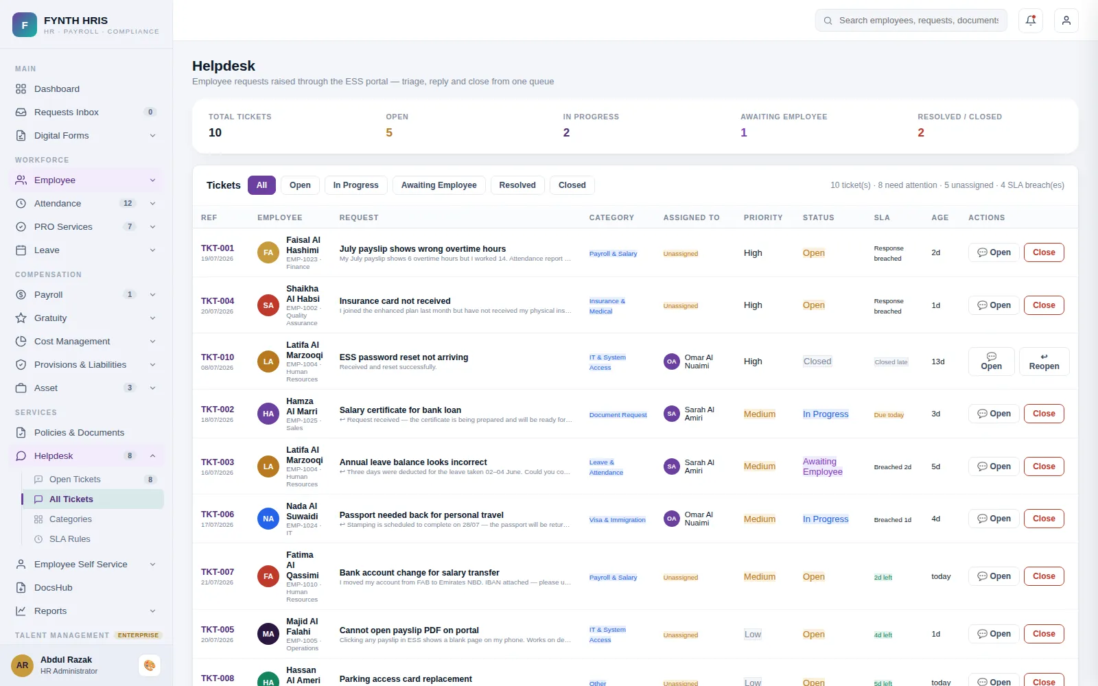 FYNTH HRIS HR Helpdesk & Mobile App detail screen