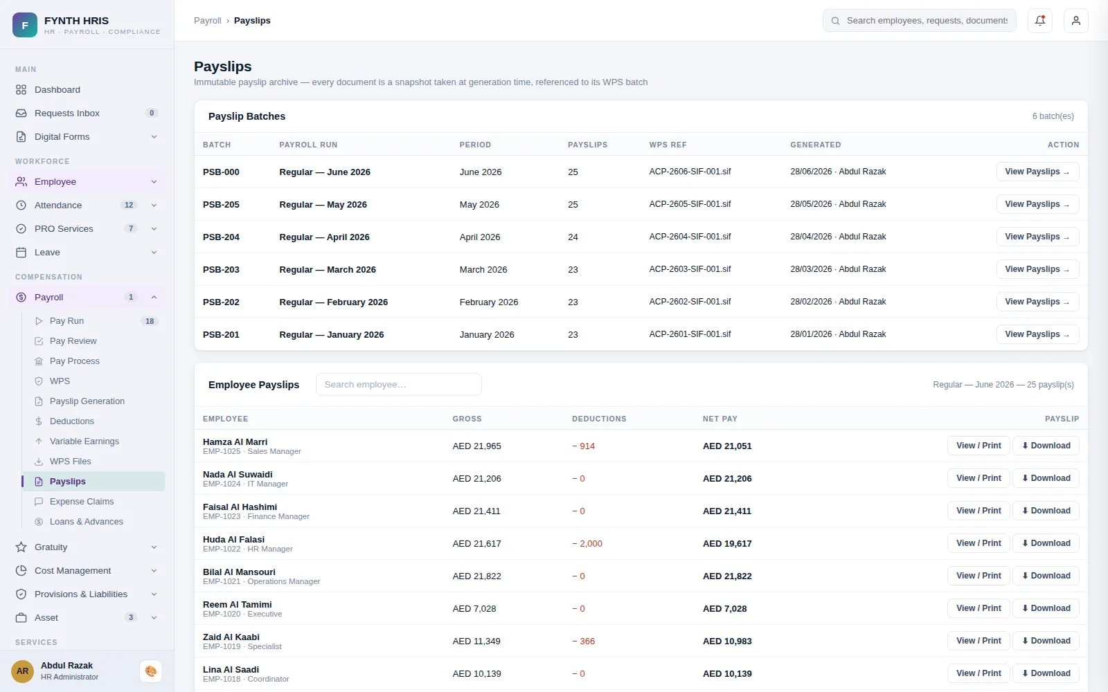 FYNTH HRIS Payroll & WPS screen