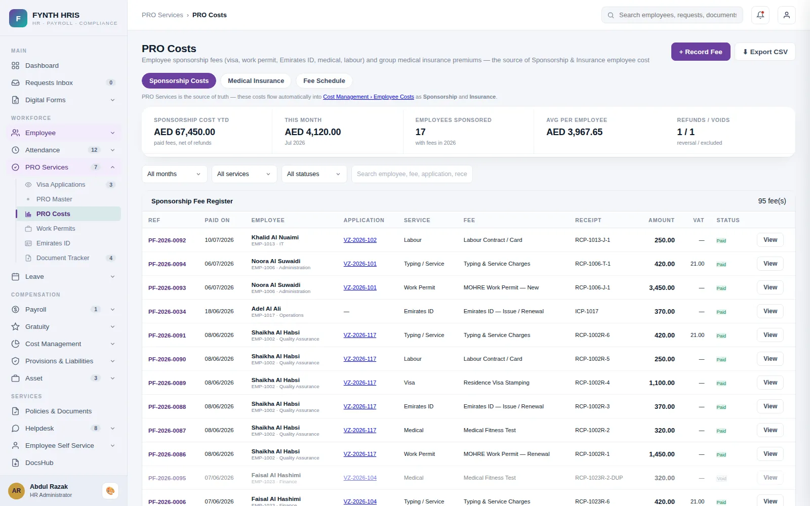 FYNTH HRIS PRO, Visas & Documents screen