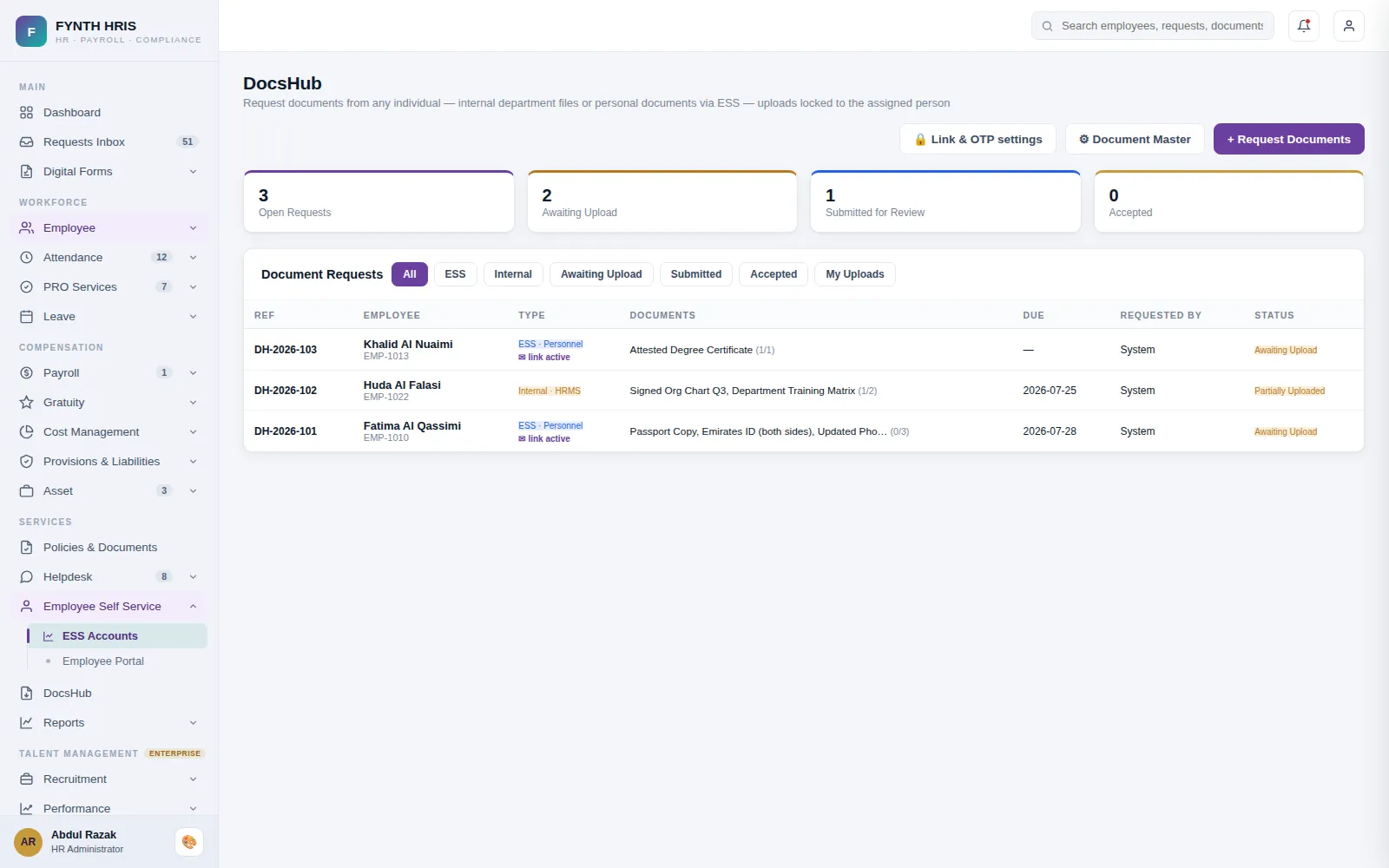 FYNTH HRIS Employee Self-Service detail screen